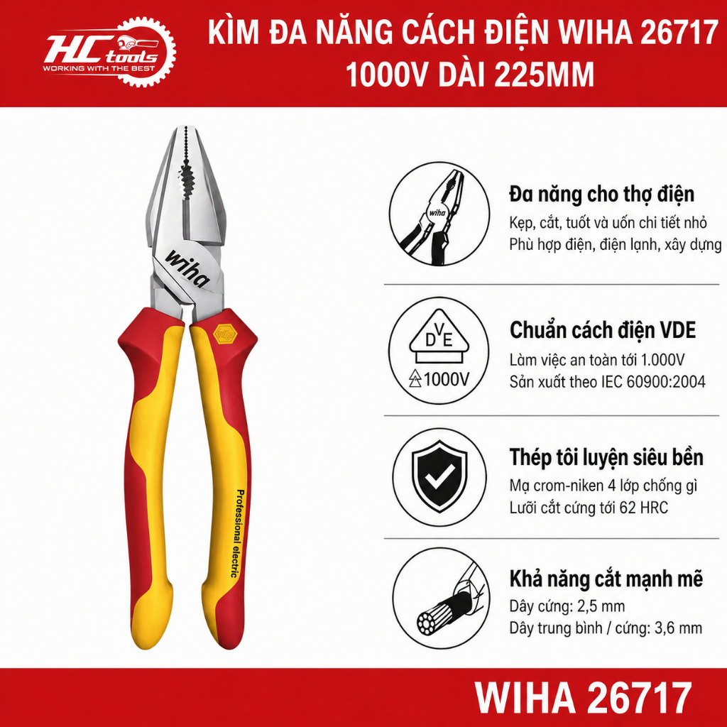 Wiha 26717 คีมอเนกประสงค์หุ้มฉนวน 1000V ยาว 225 มม.