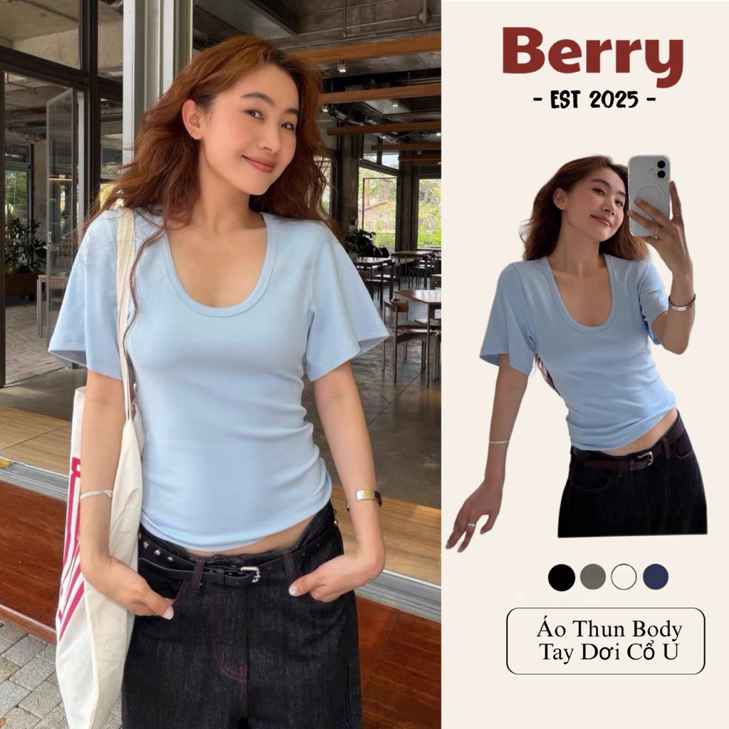 Berry Body Long Sleeve U Neck Blue / Black Fashion Style T-Shirt (Bat Sleeve U Neck)