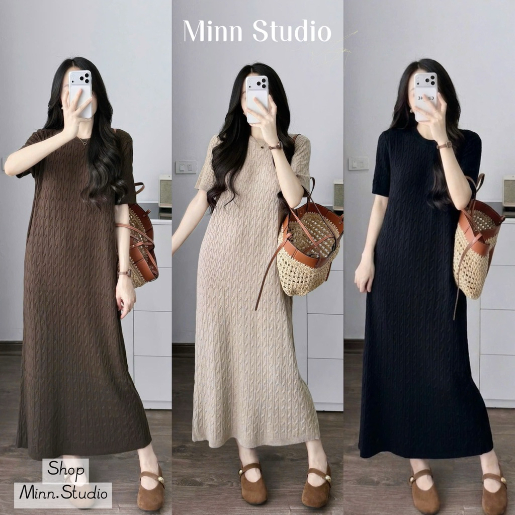 [Minn.studio] ชุดเดรสขนสัตว์กระต่ายธรรมดาพร้อมแขนสั้น คอกลมเชือกบิด สไตล์เกาหลี พื้นฐาน สวมใส่ง่ายทุ