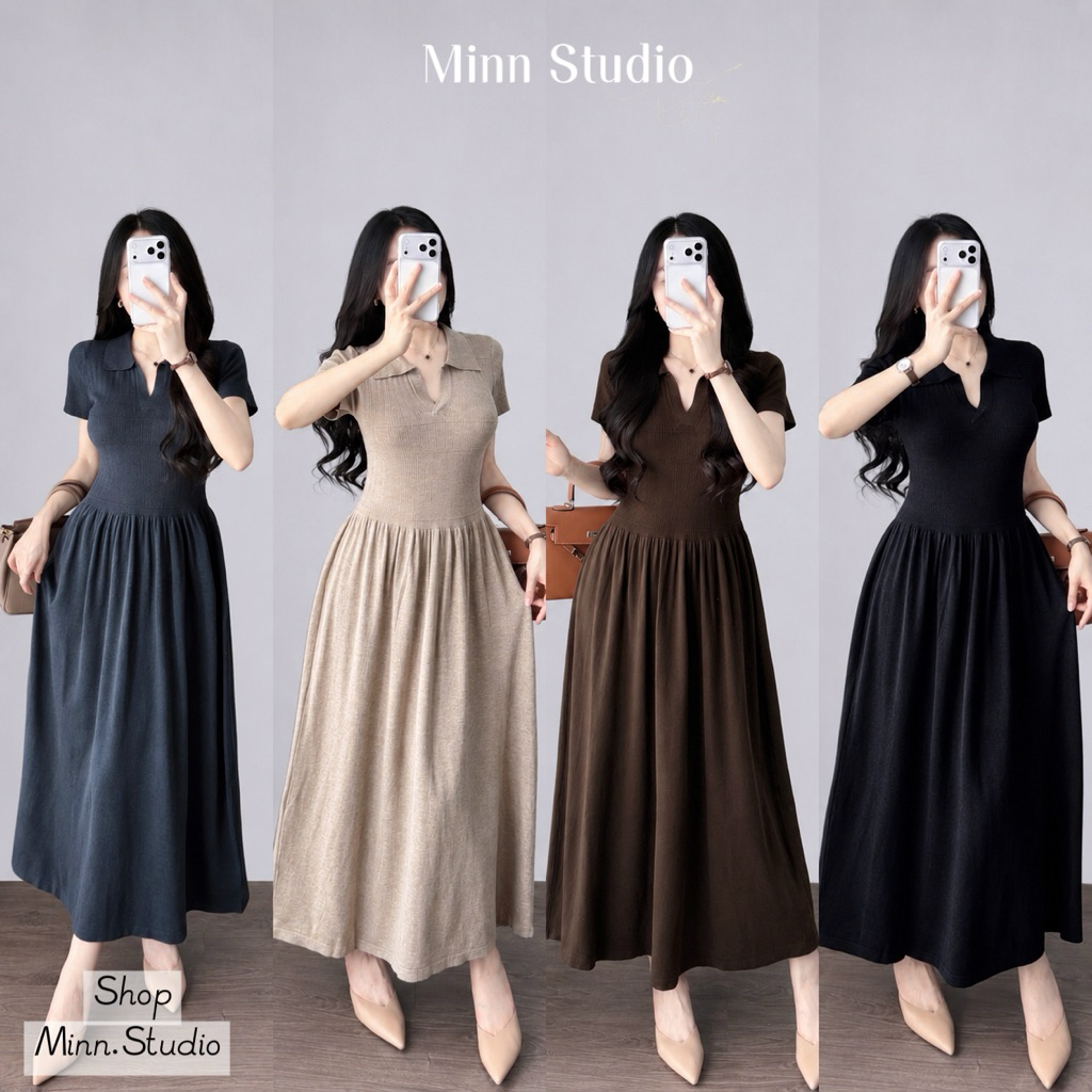 Minn.studio] ชุดเดรสขนสัตว์กระต่ายธรรมดาลายนูน, เสื้อโปโลบาน, สินค้า QCCC -LT2649