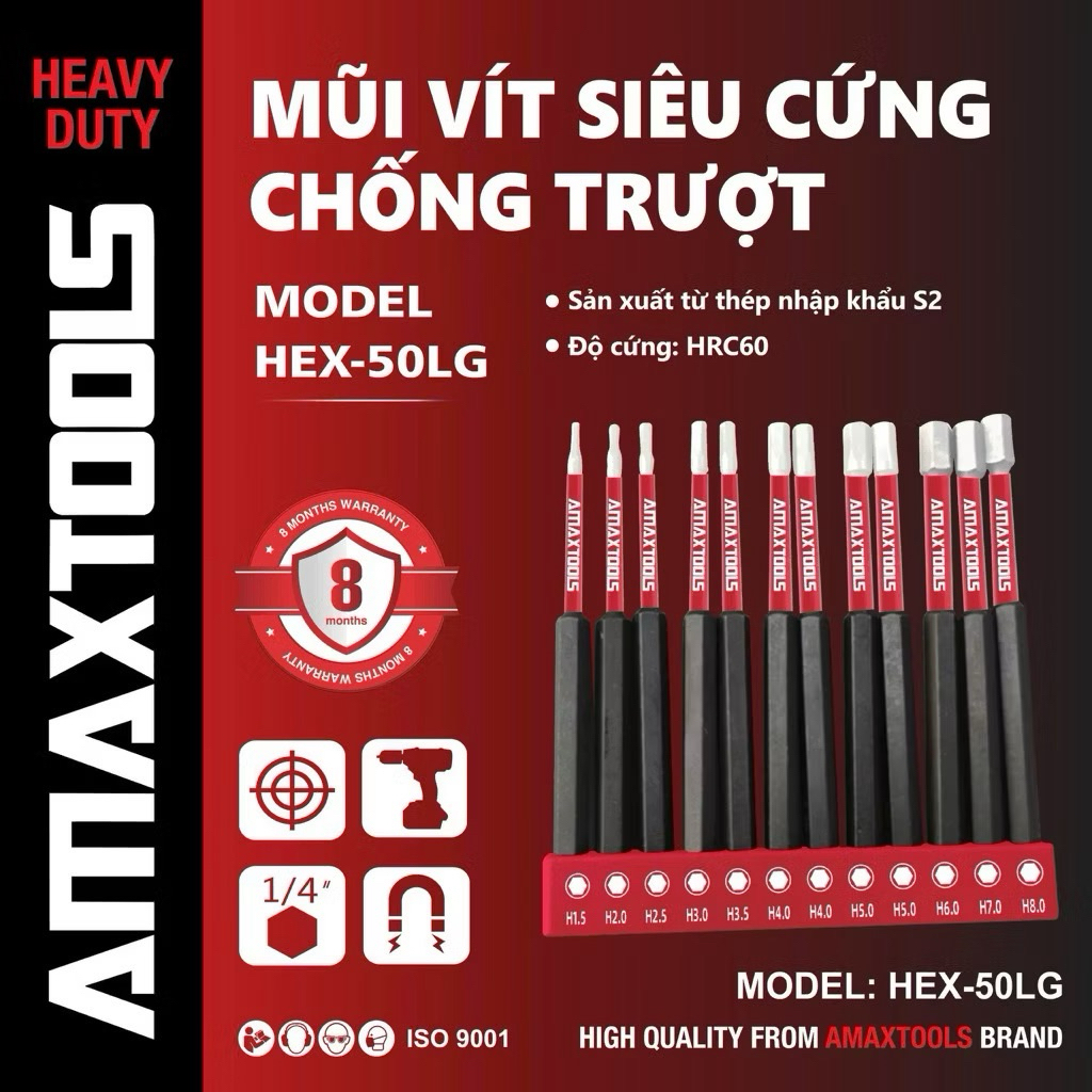 Amaxtools ชุดหกเหลี่ยม 12 ชิ้น S2 ความแข็งเหล็ก HRC60