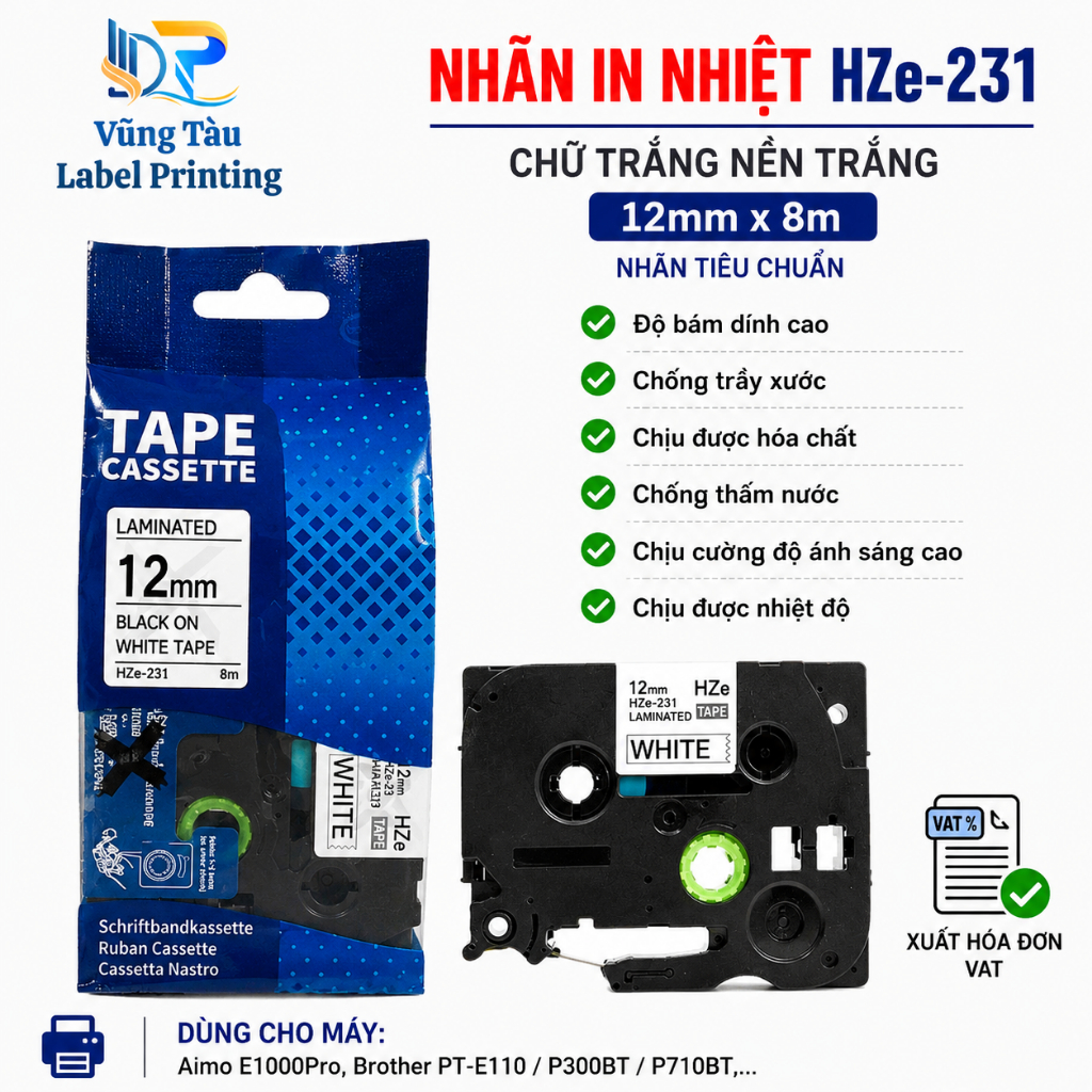 ป้ายพิมพ์ HZE-231 / TZe-231 – 12mm x 8m – ตัวอักษรสีดําบนพื้นหลังสีขาว ใช้สําหรับเครื่องพิมพ์ฉลาก E1