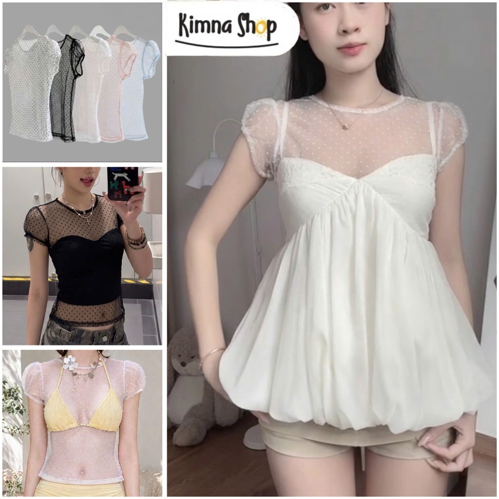 เสื้อตาข่ายลายจุดแขนบอลผสมด้านในเสื้อซีทรู