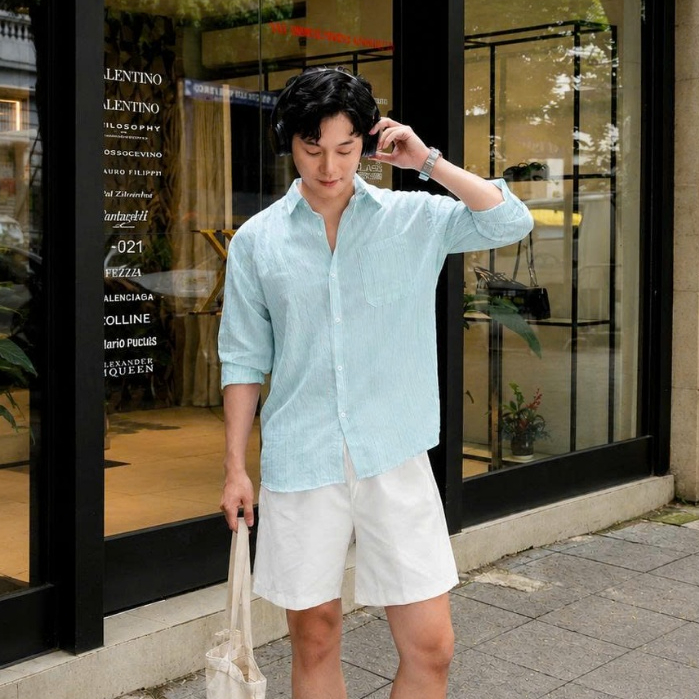 ชุดเสื้อผ้าผู้ชายฤดูร้อนเสื้อเชิ้ตแขนยาวผ้าลินิน + กางเกงขาสั้นสุดเท่สําหรับไป Cafe Halley J77