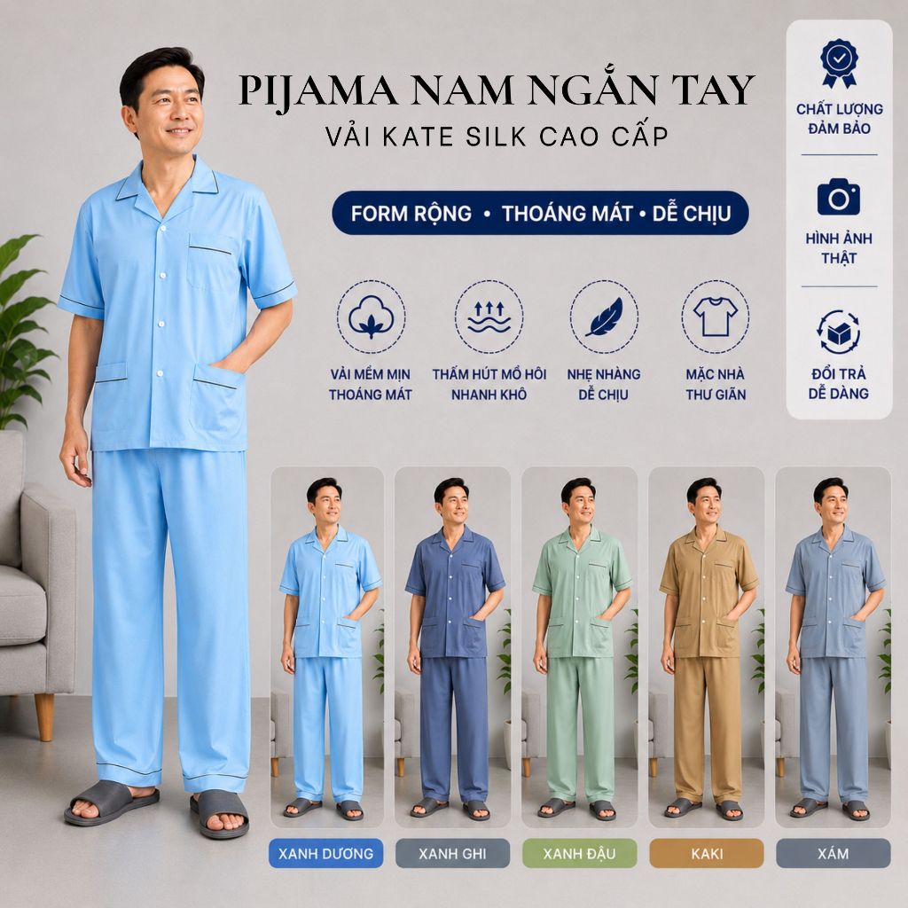 Kate Silk Short-Sleeved Mens Pyjamas for Home Wear, Soft and Cool for Thien An Middle-Aged Men