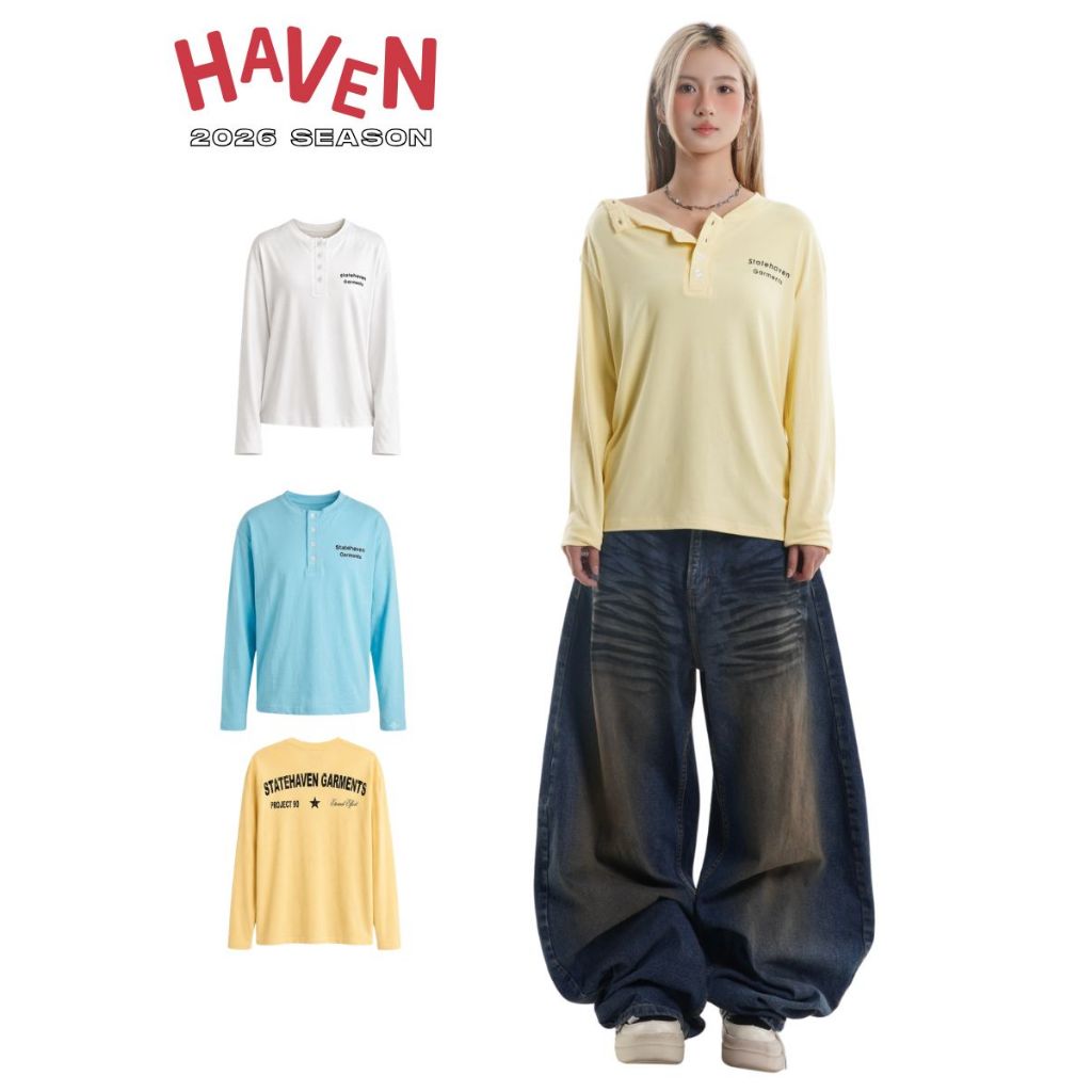 Haven Studio Cotton Signature Button เสื้อยืดไหล่หลวมสําหรับผู้ชายและผู้หญิง