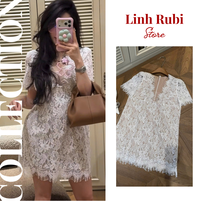 เดรสลูกไม้คอเต่า 2 ชั้น by Linh Rubi Store V59