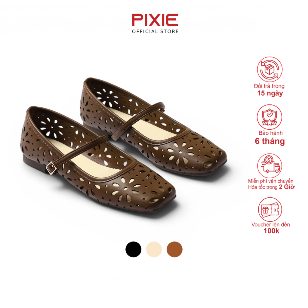 รองเท้าตุ๊กตาผู้หญิง Flat Sole Round Toe Laser Cut Pixie Flower H412