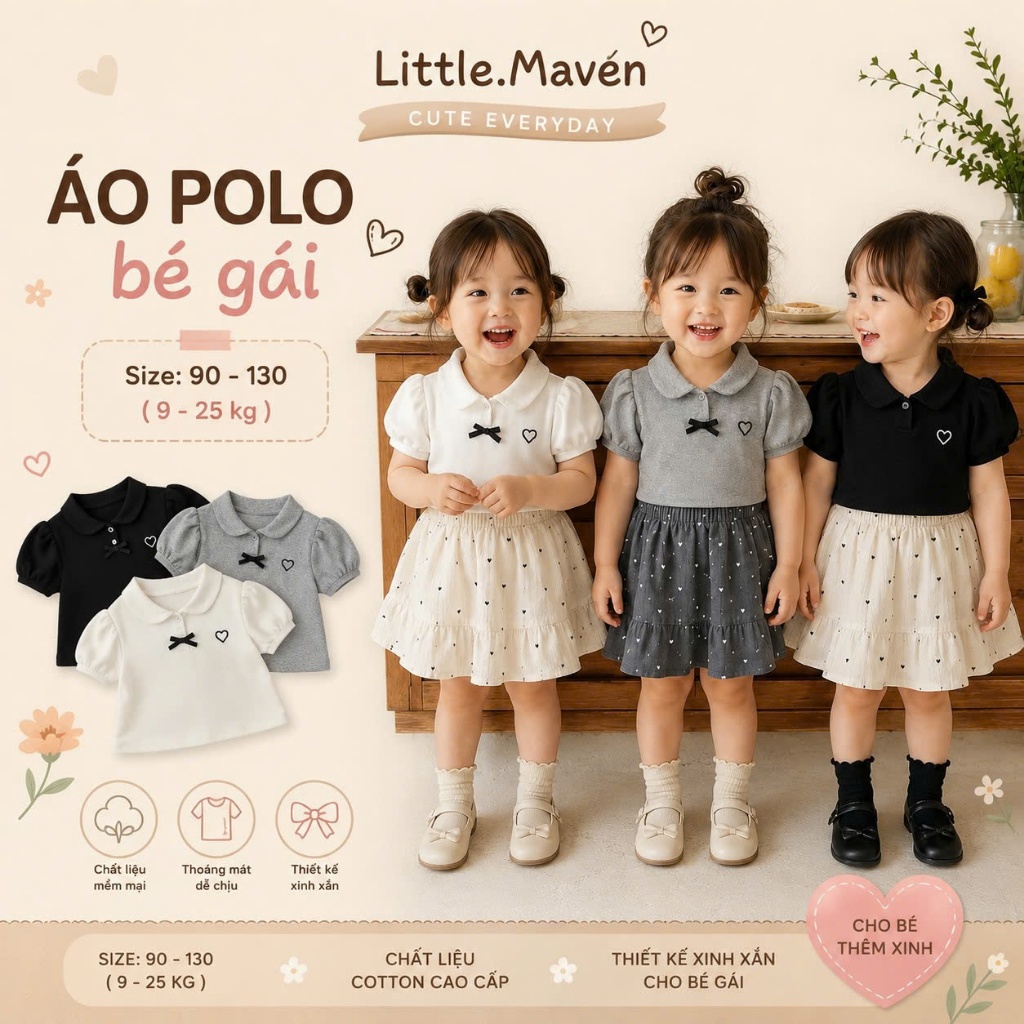เสื้อโปโลเด็กผู้หญิง Little Maven เสื้อโปโลโรงเรียนแขนสั้นเด็กผู้หญิงสไตล์เกาหลี APL2025