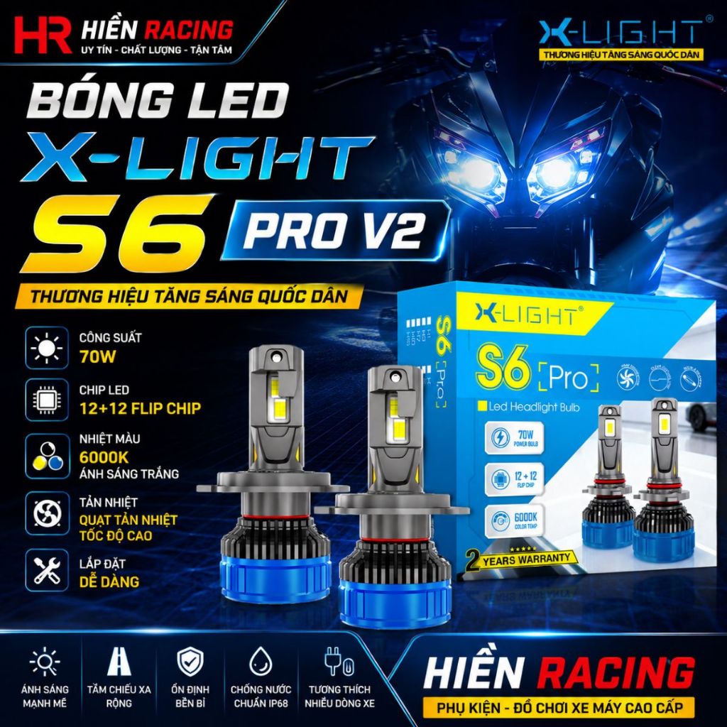X-Light S6 Pro V2 2026 หลอดไฟ LED 12+12 ชิป LED, ไฟ 70W, ชัด, เสถียร, แสงโดดเด่น