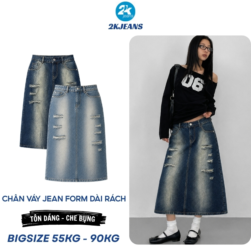 [SHOCK DEAL] กระโปรงยีนส์ผู้หญิง Bigsize QC435 ด้านหลังแยกยาวพร้อมบุคลิกภาพฉีก 55-90 กก. 2KJEANS