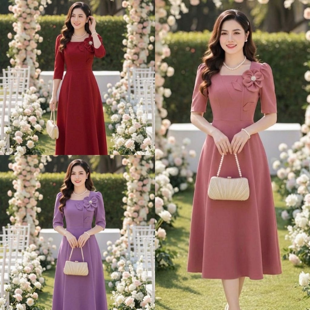 A7 Bigsize เดรสปาร์ตี้ M-2Xl ผ้าคอตตอนเย็น มีดอกไม้และป้ายหิน