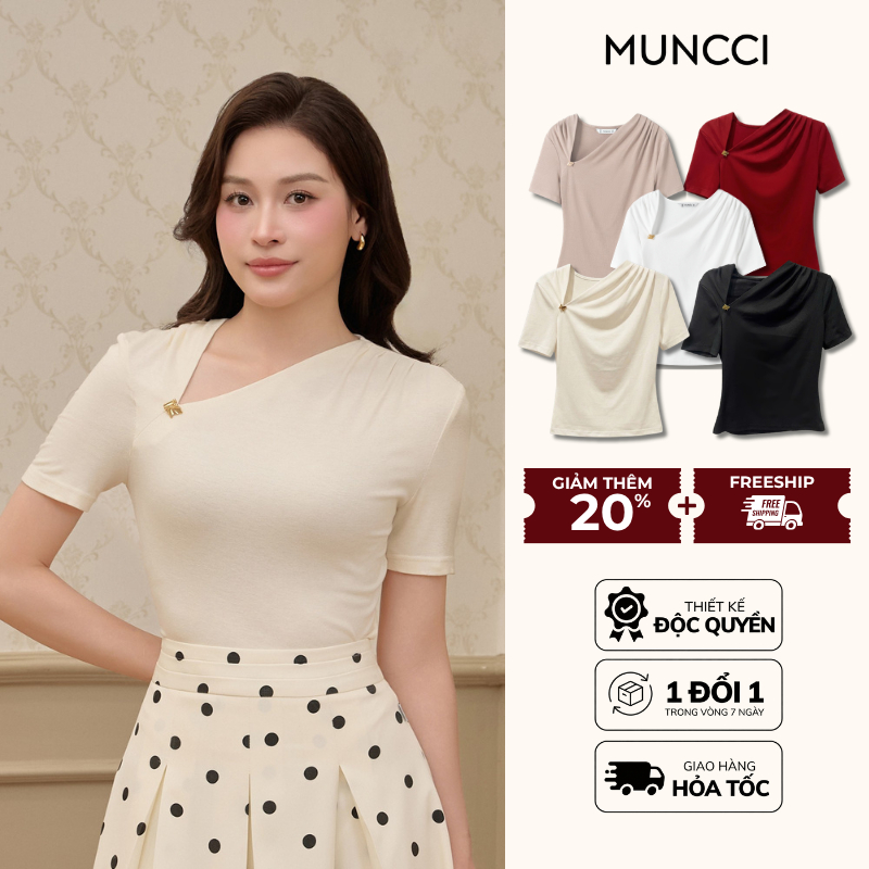 เสื้อยืดคอปกไขว้สําหรับผู้หญิง MUNCCI พร้อมปุ่มสีทองสุดหรู วัสดุยืดหยุ่นเชื่อมยืด 4 ทิศทาง สไตล์สําน