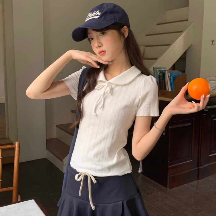 เสื้อเชิ้ตผู้หญิงคอปกจั๊มแขนโบว์สไตล์เกาหลีขั้นพื้นฐาน Lovely20ss APN77