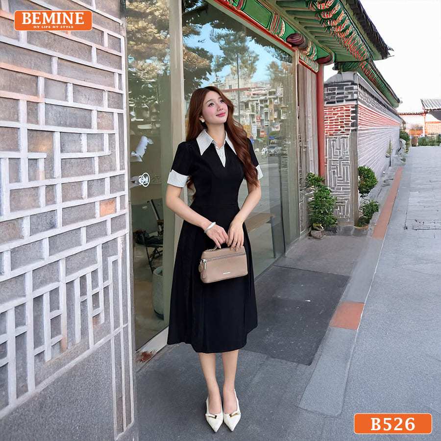 BEMINE เดรสดีไซน์คอปกเชิ้ตลายทางทรงเอ เหมาะสําหรับทํางาน-B526