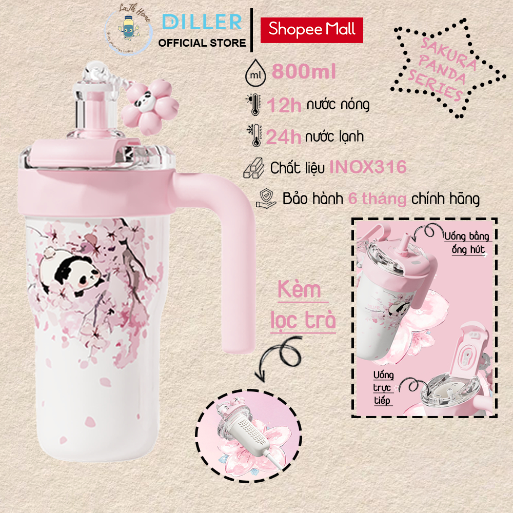 Diller D9316 Sakura Panda Thermos Bottle 800ml, หลอด, ที่กรองชา, สแตนเลส 316L