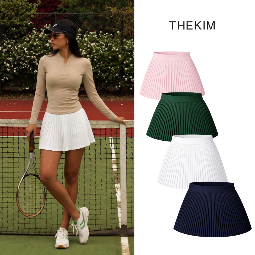 THEKIM กระโปรงพลีทกีฬาผ้าเบาโปร่งกระโปรงสั้นจีบเล็กพร้อมกางเกงกันรอย S393