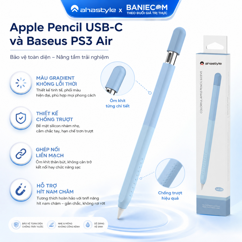 Ahastyle ปากกาสําหรับ Apple Pencil TypeC & Baseus PS3 Air Gradient สีกันกระแทกแม่เหล็ก Grip