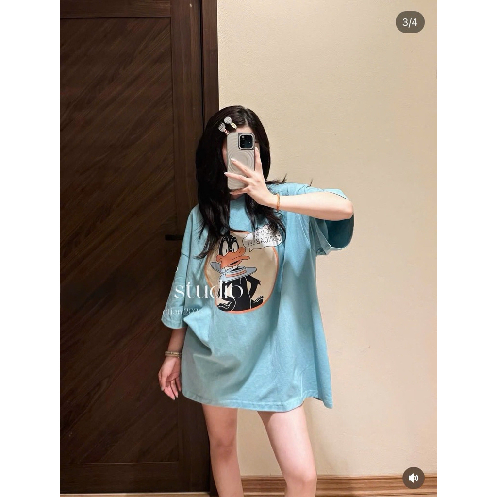 เสื้อยืดผู้หญิง ขนาดใหญ่เกินไป พิมพ์ลายเป็ดการ์ตูนในสีฟ้าผ้าฝ้ายนุ่ม ไม่จํากัดเพศ ร้อน แนวโน้ม