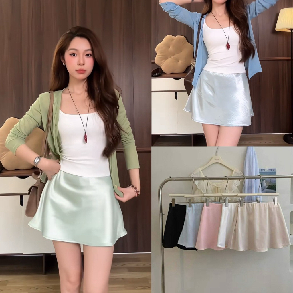 (รายการ L1 มี SML - วิดีโอเดิม) CAMI SKIRT A-Line Silk SKIRT 2 ชั้นเล็กน้อย