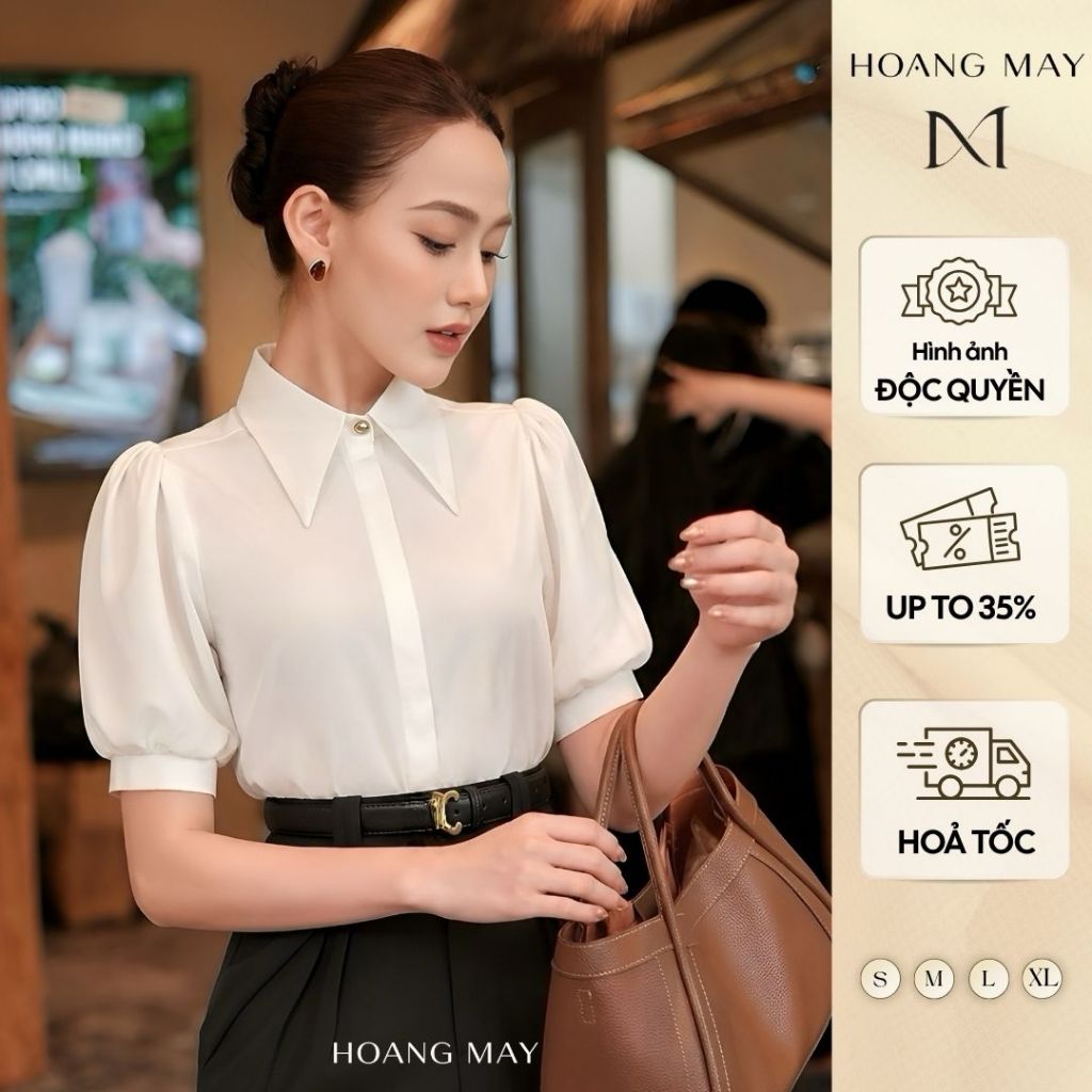 Queen of Clouds เสื้อเชิ้ตผู้หญิงแขนสั้นคอปกแหลมแขนพัฟหรูหรา M70