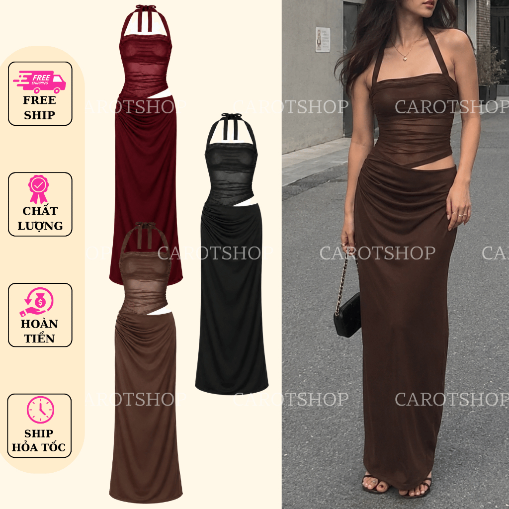 [FIRE] เดรสสายเดี่ยวตาข่ายแบบยืดหยุ่นผสม Larong เว้าเอว K6201_CAROTSHOP
