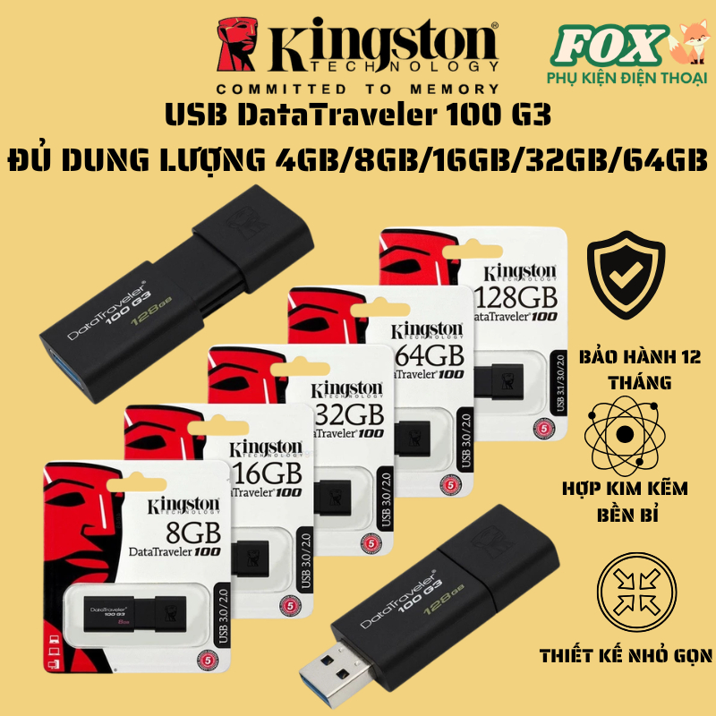 USB Kingston DataTraveler 100 G3 4GB/8GB/16GB/32GB/64GB – ความจุเต็ม