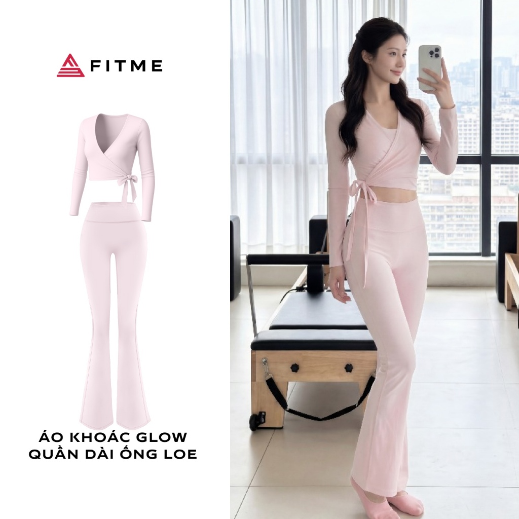 Fitme Pilates Yoga Set เสื้อแจ็คเก็ตเรืองแสง สีชมพูพาสเทล เท่ๆ กางเกงขาบานสีชมพูพาสเทลแบน