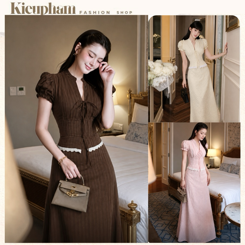 [Long-Set Vintage Lady] พัฟแขนเสื้อพร้อมกระโปรงแม็กซี่ยาวเอวสําหรับฟิกเกอร์หรูหรา Lady Kieupham.shop