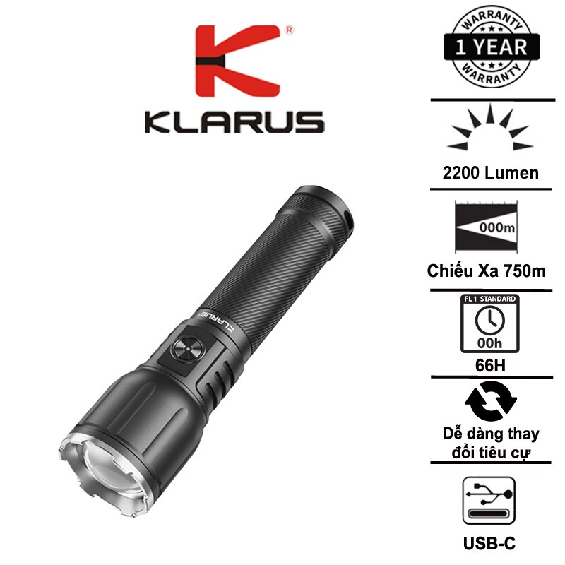 ไฟฉาย Zoom Klarus A3 V1 2200 ลูเมน ช่วง 750 ม. โฟกัสปรับได้ ชาร์จ USB-C