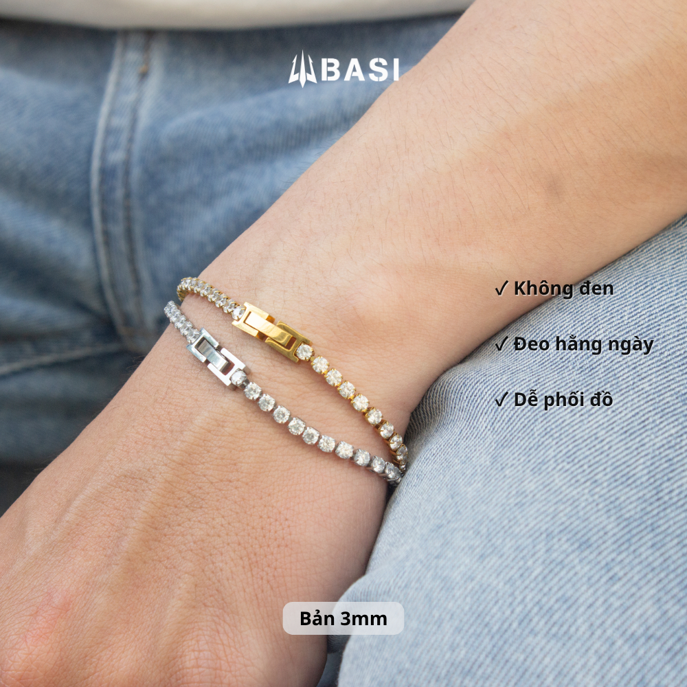 สร้อยข้อมือเทนนิสหินไทเทเนียม CZ ไม่มีสีดํา สแตนเลส สไตล์ Unisex Basi Store VT051