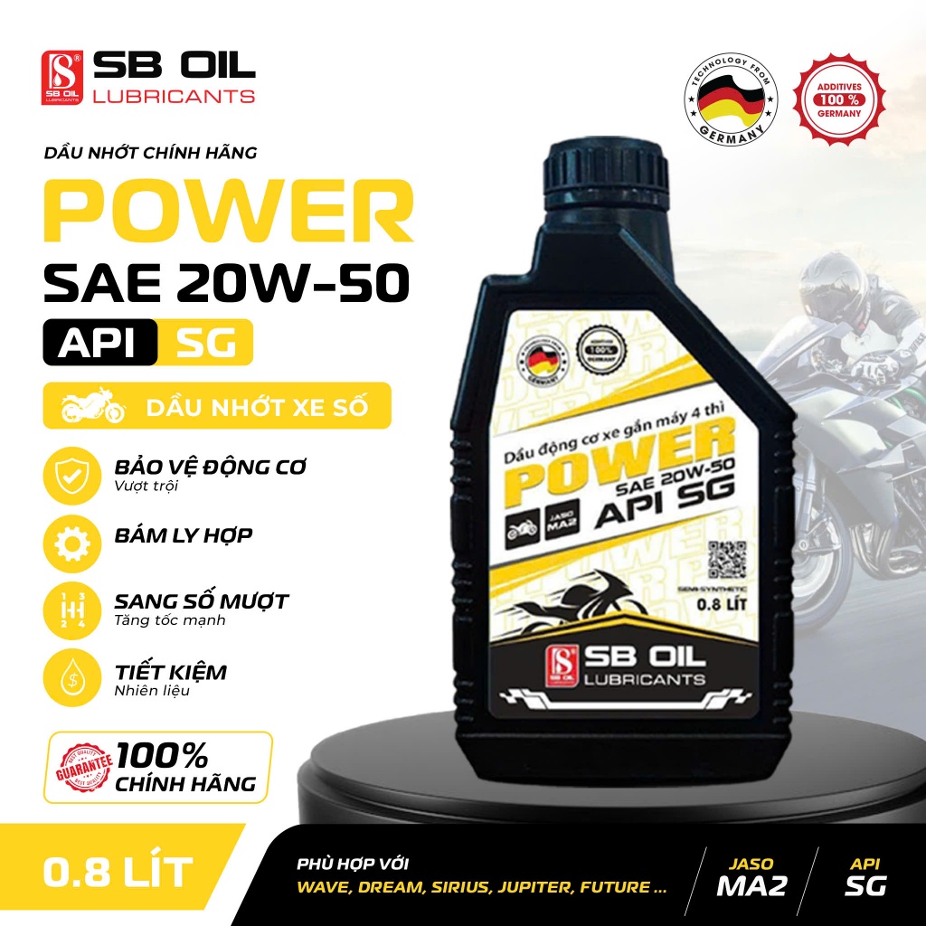SB OIL น้ำมันเครื่องมอเตอร์ไซค์ SAE 20W-50 API SG JASO MA2 0.8 ลิตร สำหรับรถจักรยานยนต์เกียร์ธรรมดา 
