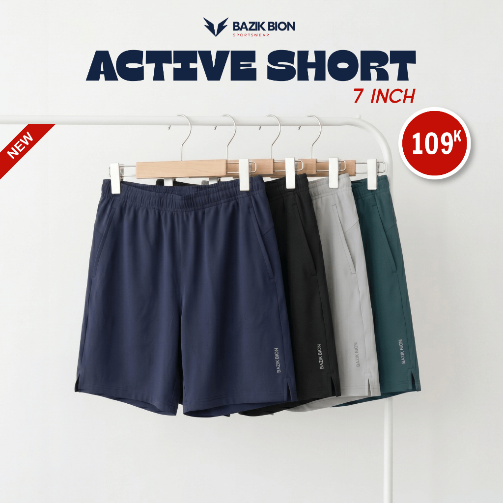 [ใหม่] BAZIK BION Active Short Mens Sports Pants 7 นิ้ว Ultralight, Breathable, สบายการเคลื่อนไหว, ก