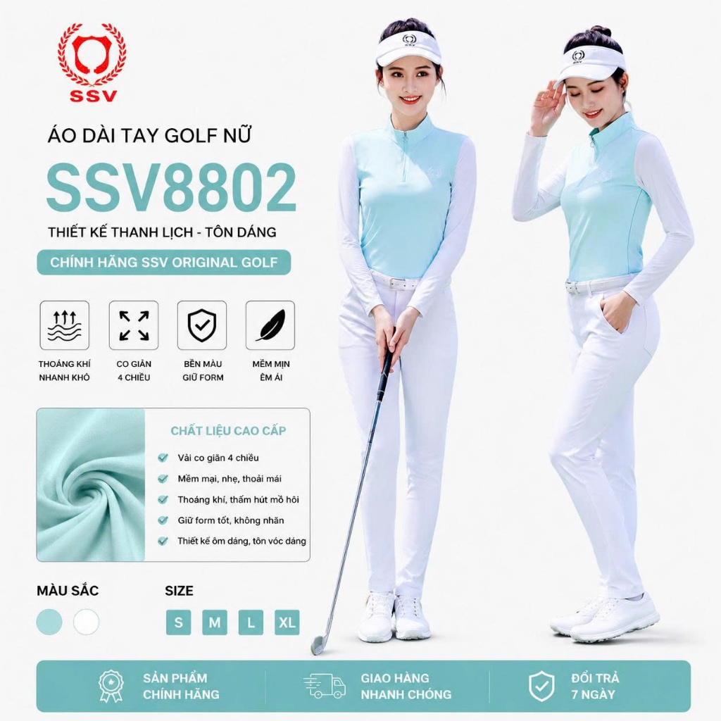 ความเป็นของเหลวของเสื้อเชิ้ตแขนยาวลูกดองกอล์ฟผู้หญิง SSVGOLF SSV8802 ของแท้คอปกตั้งคุณภาพสูงซิปยืดหย