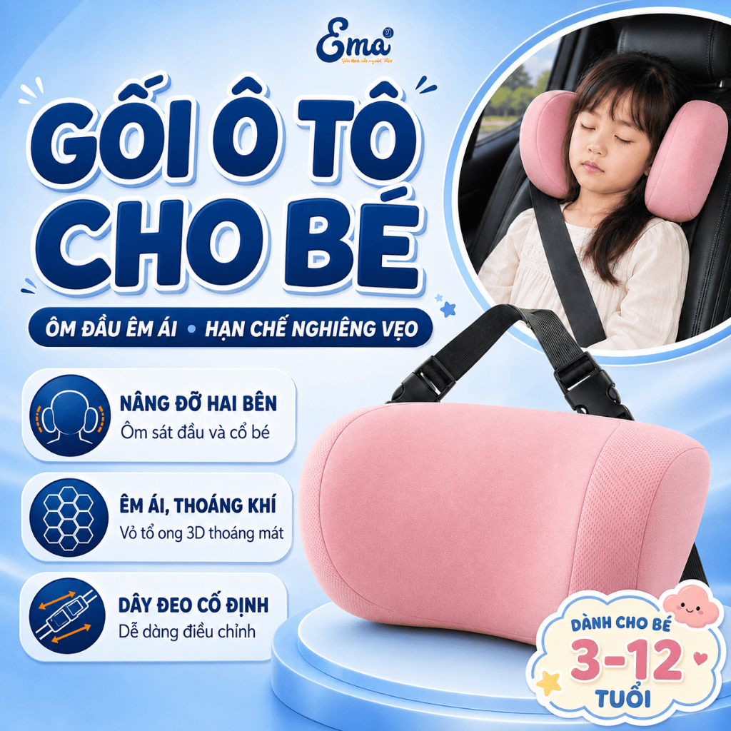 EMA Baby Car Headrest Pillow - หมอนยางพารารูปตัว V รองรับคอ รองรับลูกน้อยเพื่อนอนหลับได้ดีเมื่อขับรถ