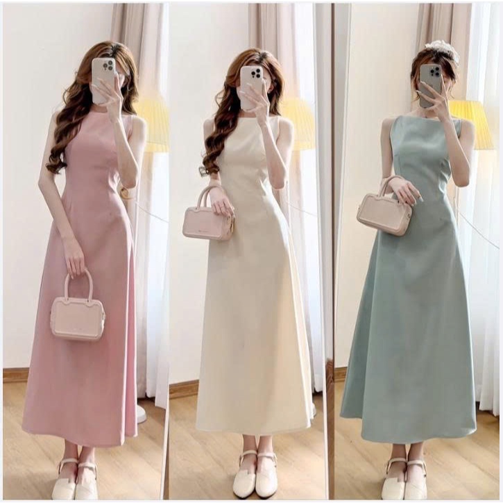 D0lk_min store เดรสคอปาดยาวทรงเฉียงสไตล์เกาหลี - V172