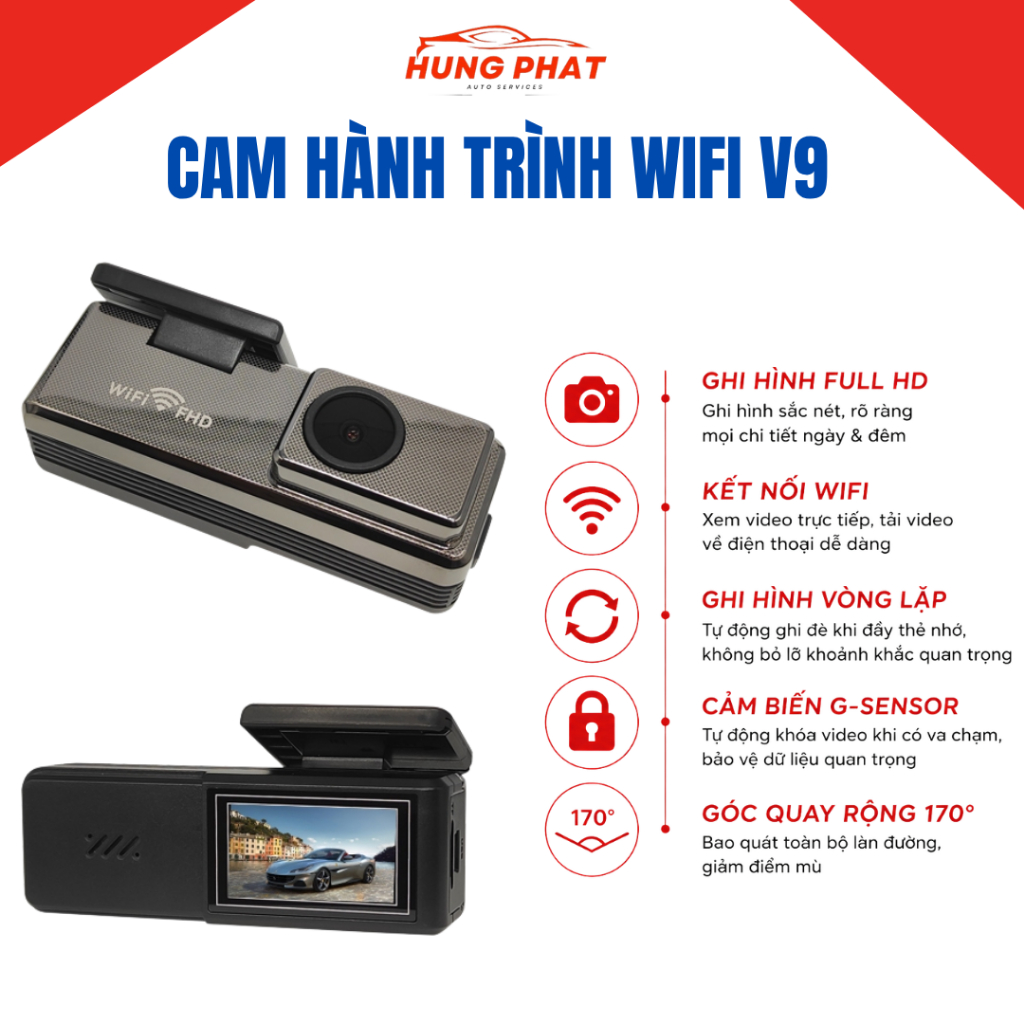 V9 Car Dash Cam – การบันทึก Sharp Full HD 1080P, การเชื่อมต่อ WiFi สําหรับแอพโทรศัพท์และหน้าจอรถยนต์