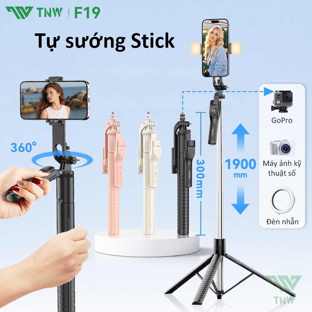 TNW F19 โทรศัพท์มัลติฟังก์ชั่น 1m9 ขาตั้งกล้องพร้อมรีโมทบลูทูธสําหรับการบันทึกวิดีโอสด