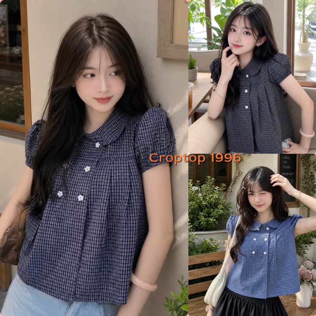 Button Top Shirt with LOTUS COLLAR 6 เม็ด แขนพอง ผ้าลายตารางหมากรุก A409