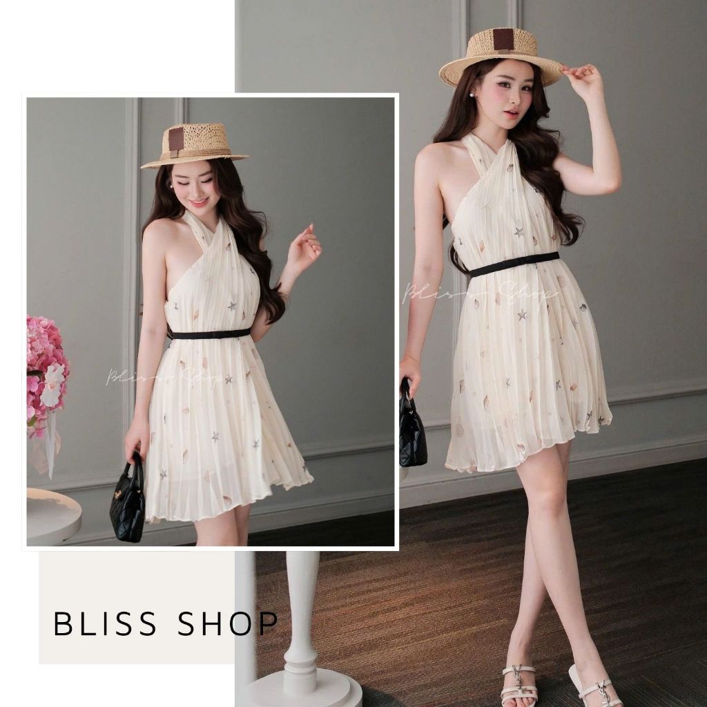 [ฤดูร้อน 2026] Lady Bliss Shop เดรสสั้นคอปกไขว้อ่อนโยนลายปลาดาว - V933