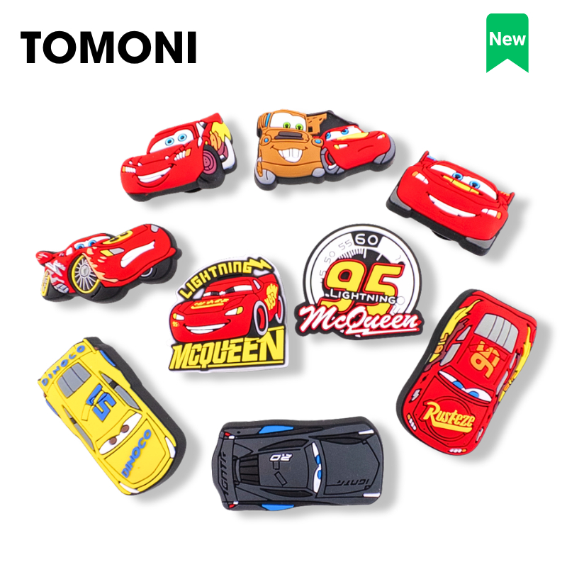 TOMONI Charm McQueen รองเท้าแตะธีมรถ, สติ๊กเกอร์รองเท้าแตะอุปกรณ์ตกแต่งรองเท้าแตะ vhm78