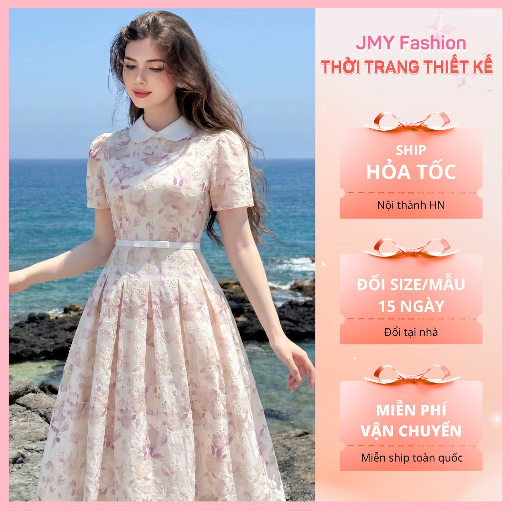 (FIRE) V908T GENUINE HA THHANH เดรสลายดอกไม้สีชมพูผู้หญิงคอปกบัวและเอวโบว์