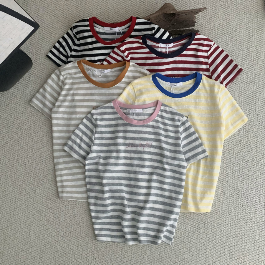 [Jemcloset] DAE SHIRT - BABYTEE SHORT HORIZONTAL STRIPED T-SHIRT IN RAW TEXTILE STRIPED FABRIC - 063