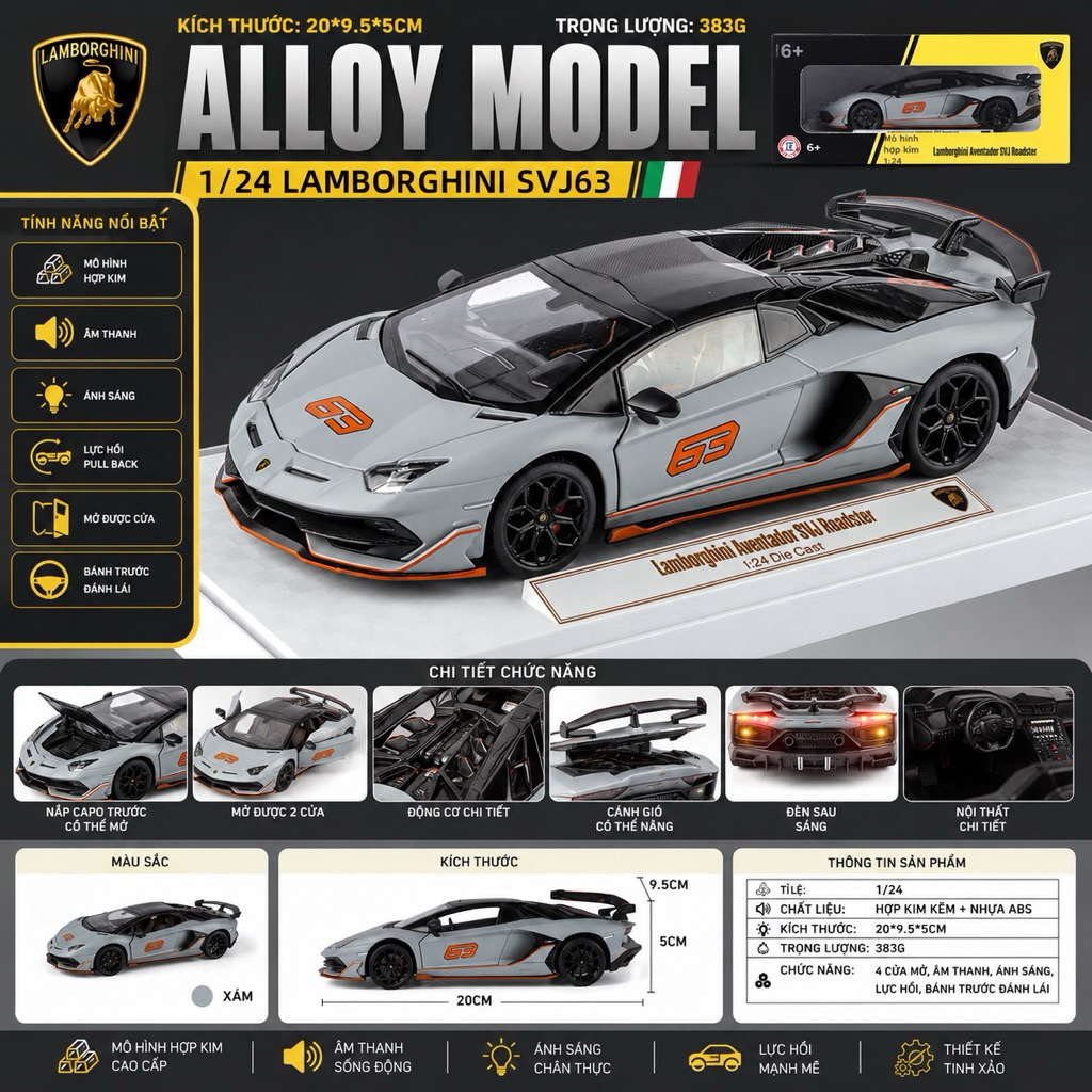 Lamborghini Aventador SVJ63 Roadster 1:24 Scale โมเดลรถโลหะผสมคุณภาพสูง - พร้อมไฟ, เสียง, เปิดประตู,