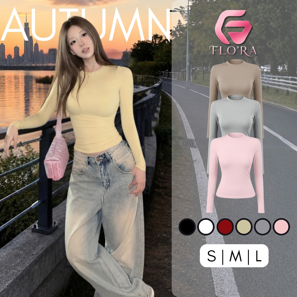 Borip Silk Stretch Long-Sleeve O-Neck T-Shirt DD116, Flora Bodycon Thermal T-Shirt สําหรับผู้หญิง