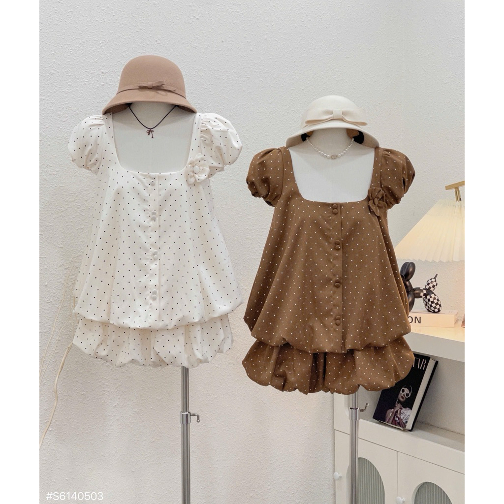 [HANGCOSAN] SP025790 เสื้อคอเหลี่ยม bbd ลายจุด Set TP cv สควอช 2 สี ghan