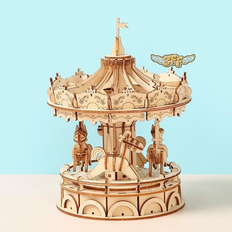 ROBOTIME 3D ไม้ประกอบของเล่น ROLIFE Merry Go รอบม้าไม้ Carousel TG404