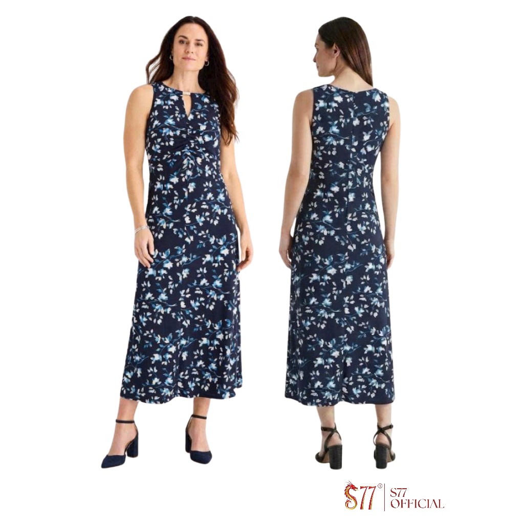 Studio One ผู้หญิงยาวรักแร้ Maxi ชุดรอบคอ V-Slit ลายดอกไม้ถ่านสีฟ้าคุณภาพสูง 45-75 กก. S77.15200