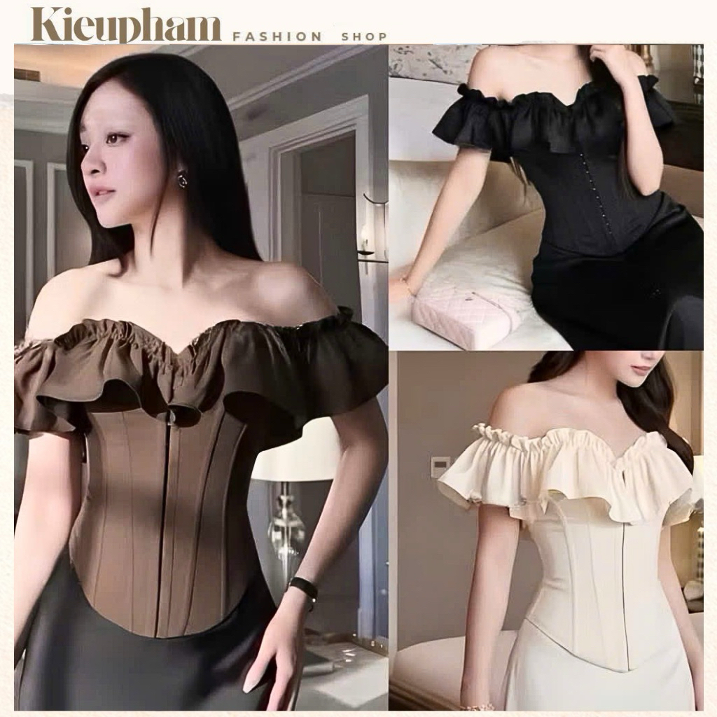 เสื้อ Croset เปิดไหล่เรียบหรู แขนจับจีบ Kieupham.shop