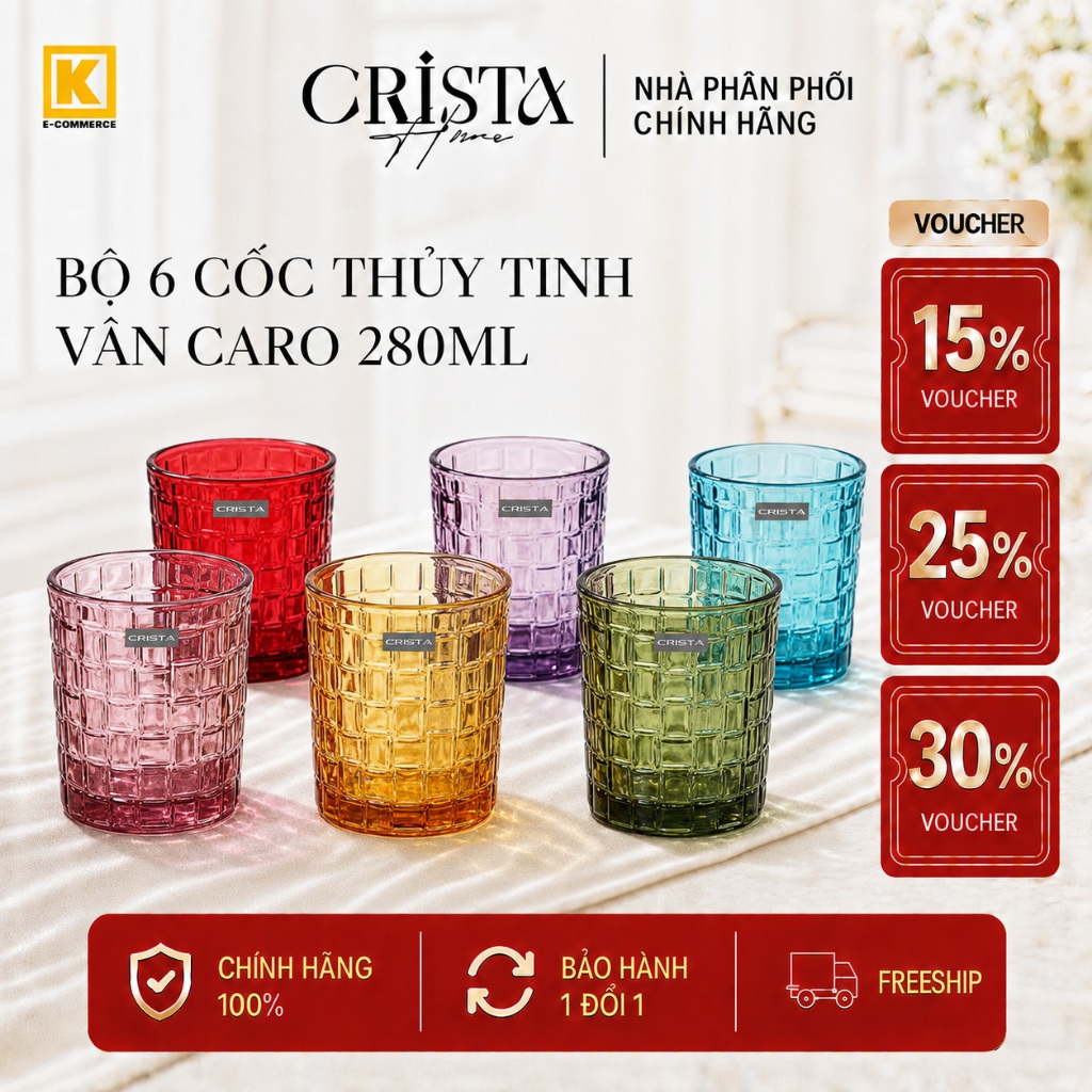 SET 6 CRISTA HOME CARO-VENINE GLASS CUP 280ML - คุณภาพสูง DINING TABLE DECOR - ของขวัญของแท้ 60201